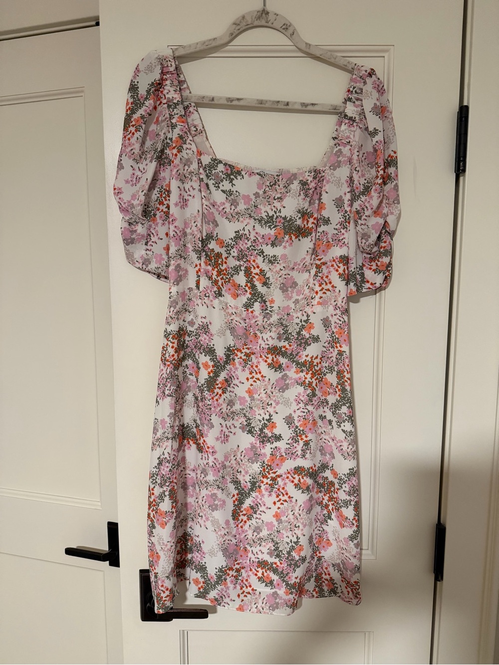 Rebecca Minkoff Floral Puff Sleeve Square Neck Dress - Pink White